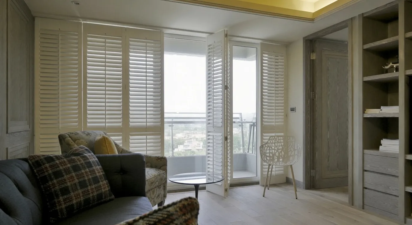 Bifold shutter panels folded partway open on a sliding glass door