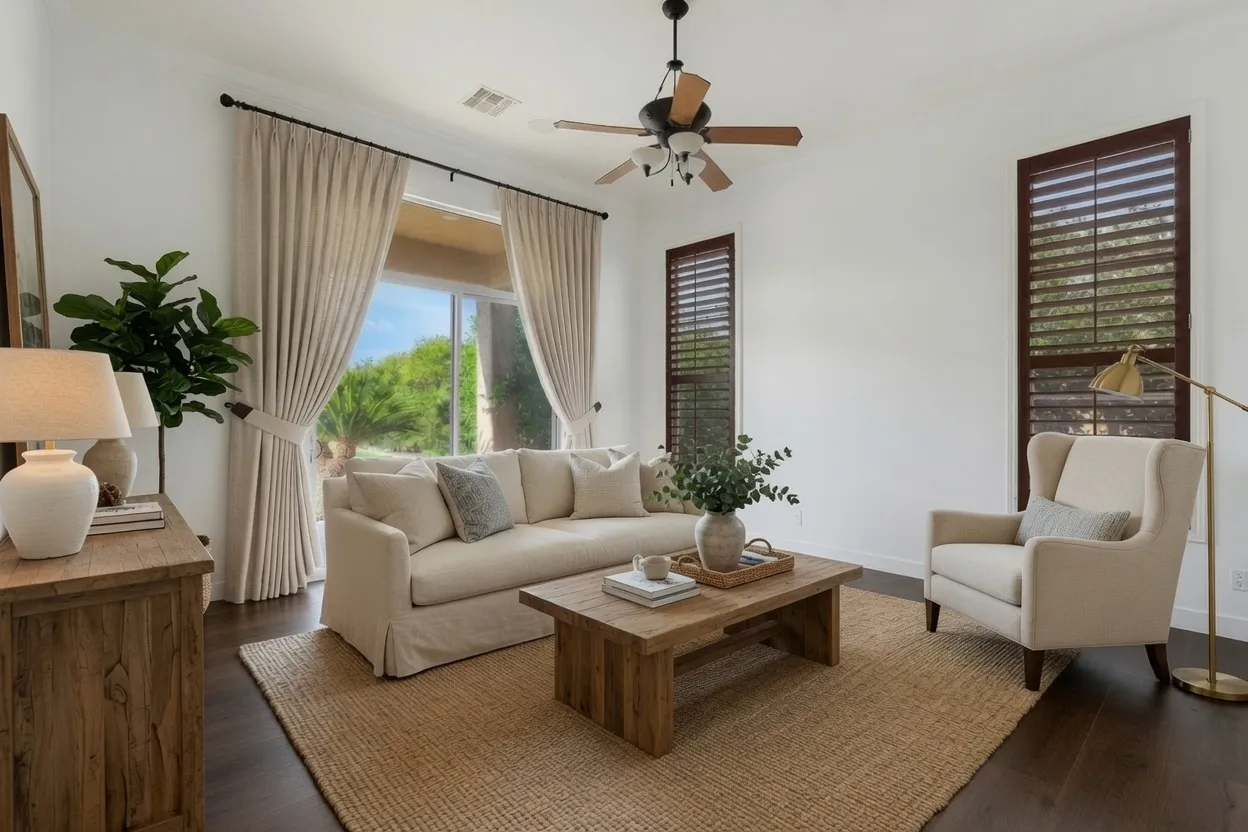 Drapery panels layered over dark stained shutters in a living room