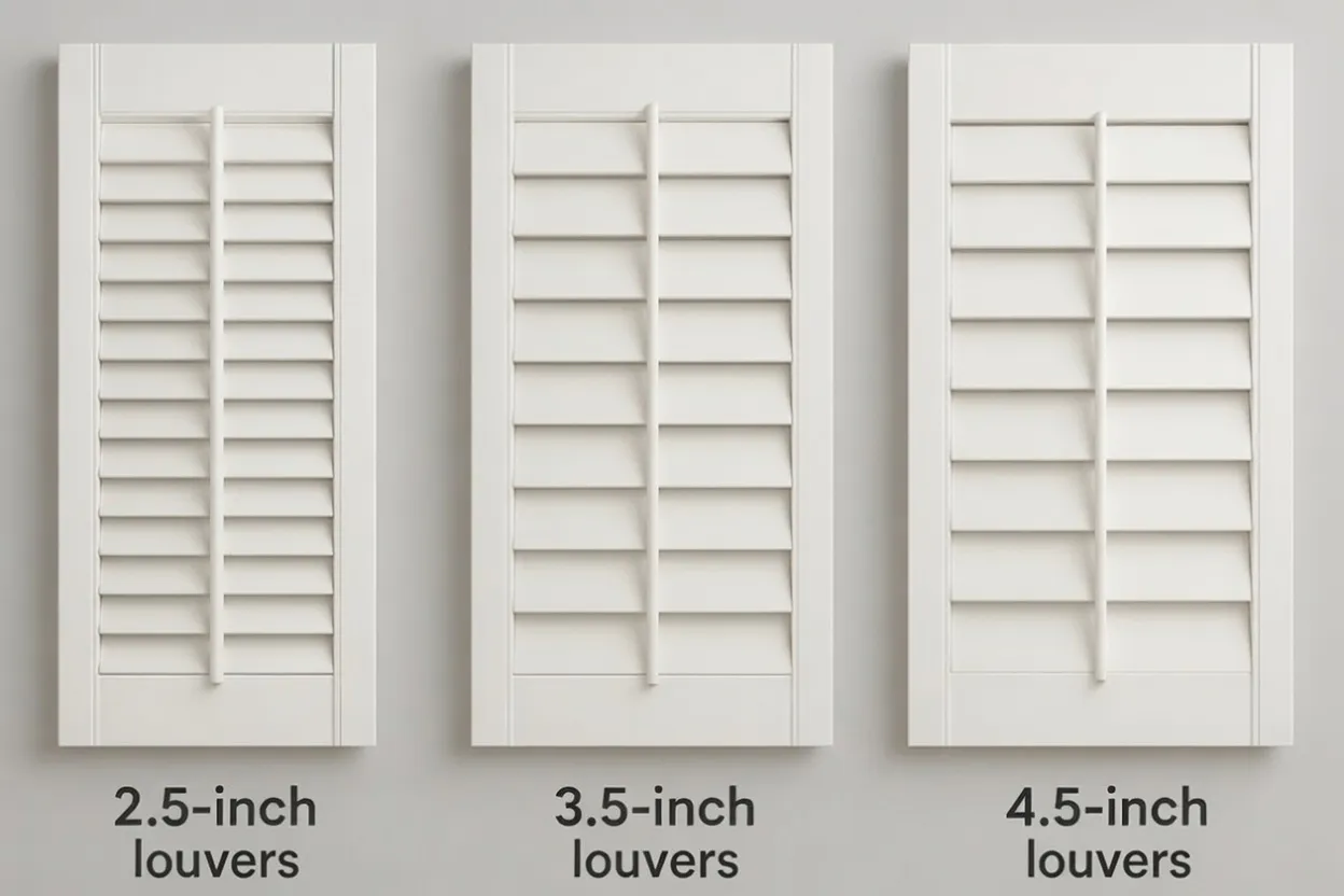 The same shutter panel shown side by side with 2.5-inch, 3.5-inch, and 4.5-inch louvers - the smaller the louver, the more blades across the same panel