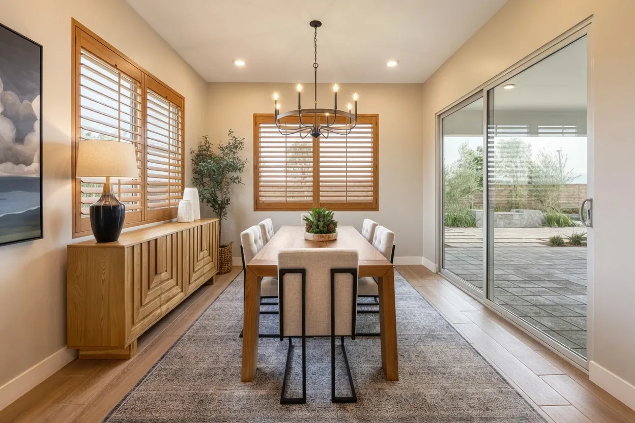 Golden-oak stained wood shutters in a dining room with matching wood furniture