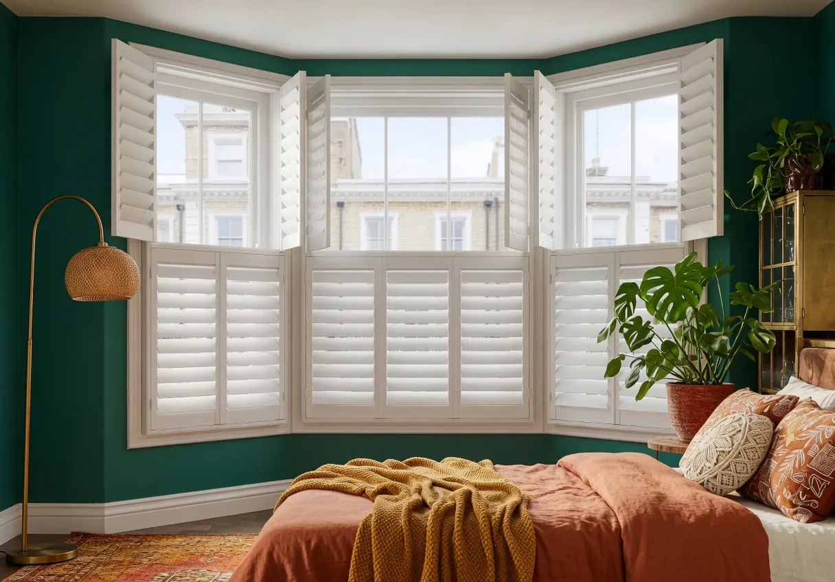 Tier-on-tier shutters on a bay window with the upper panels folded open and the lower panels closed