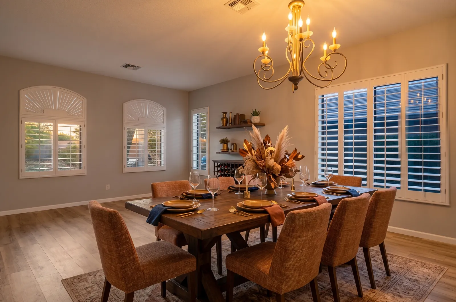 Arched plantation shutters in a Chandler, Arizona living room