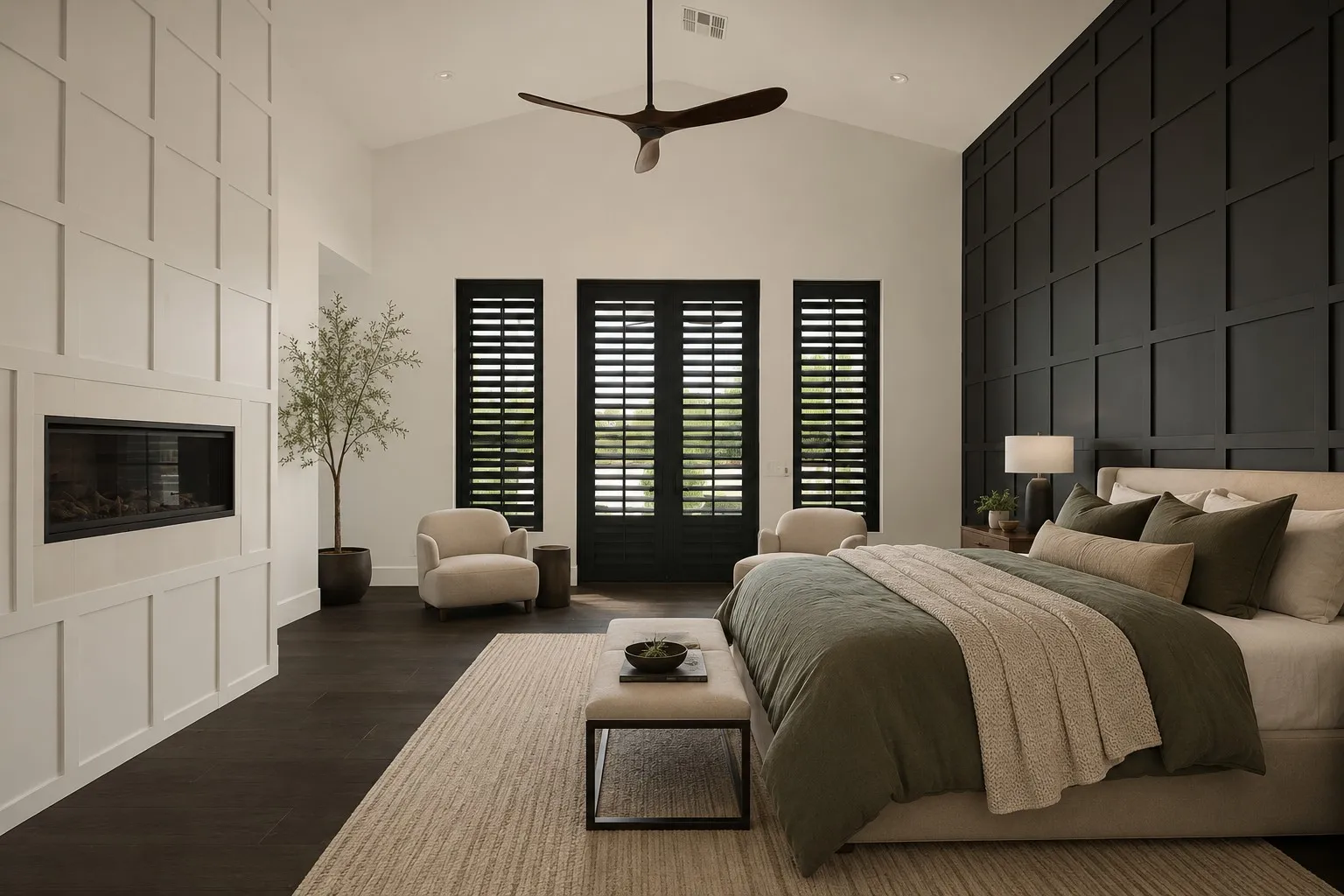 Modern black plantation shutters on windows and French doors in a Paradise Valley, Arizona primary bedroom
