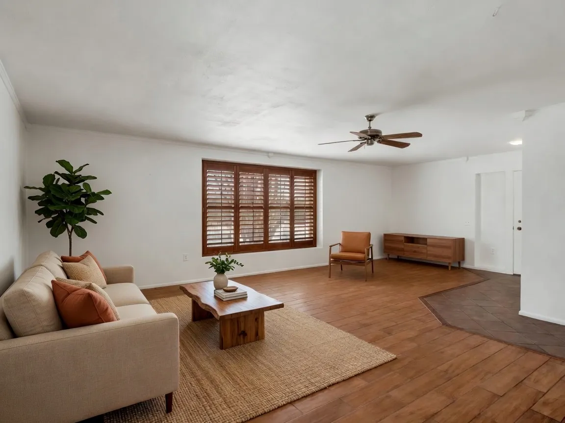 Cherry-stained wood plantation shutters in a Sun City, Arizona great room