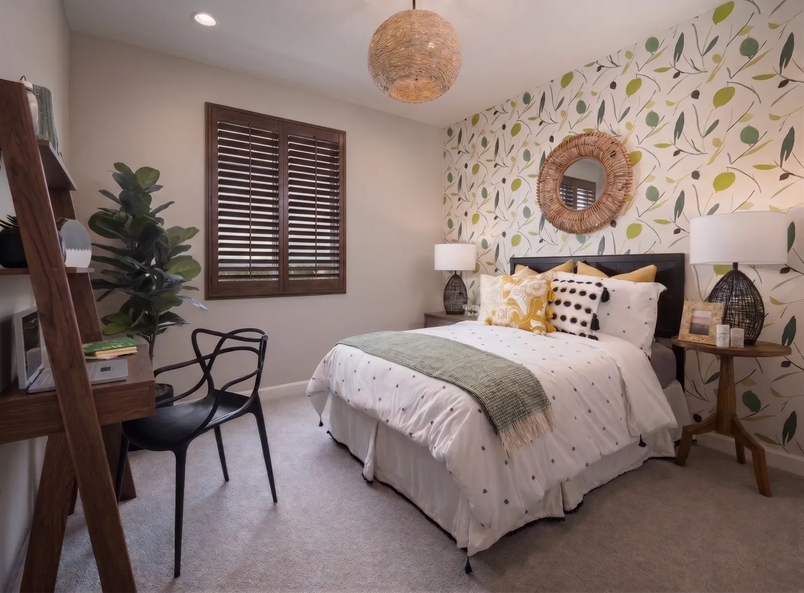 Chestnut-stained Normandy wood plantation shutters in an Arizona bedroom