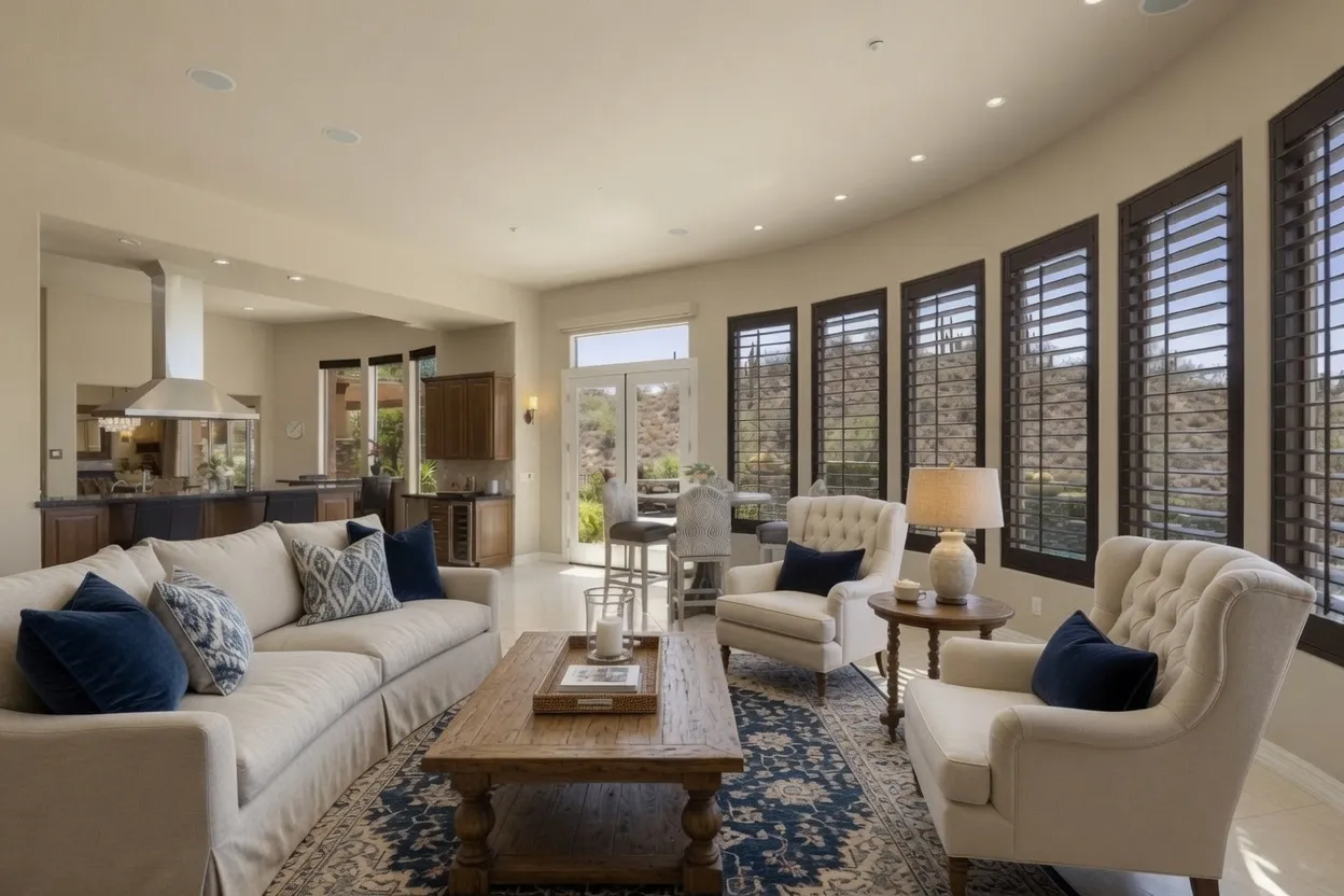 Chestnut-stained wood plantation shutters on a curved wall of desert-view windows in an Anthem, Arizona family room