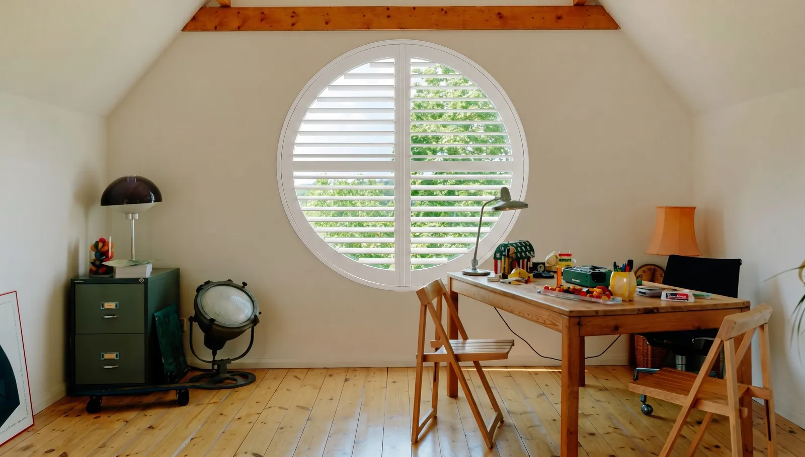 Custom plantation shutter built for a circle window in a Phoenix, Arizona home