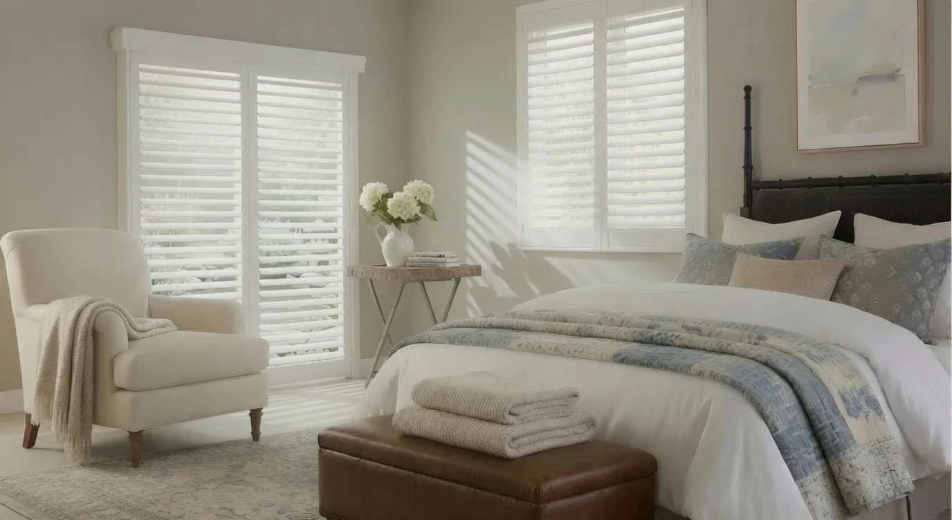 Composite plantation shutters on a sliding glass door in a Chandler, Arizona primary bedroom