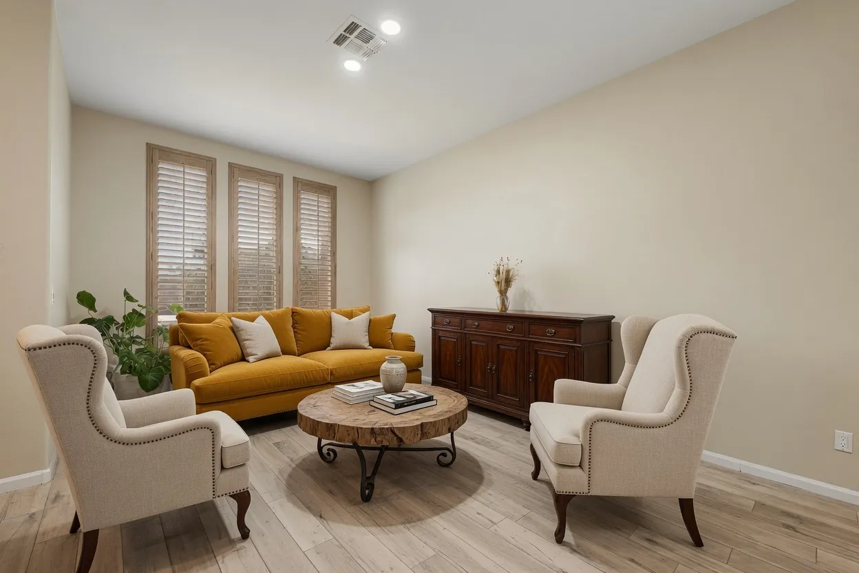 Light oak wood plantation shutters in a Glendale, Arizona sitting room