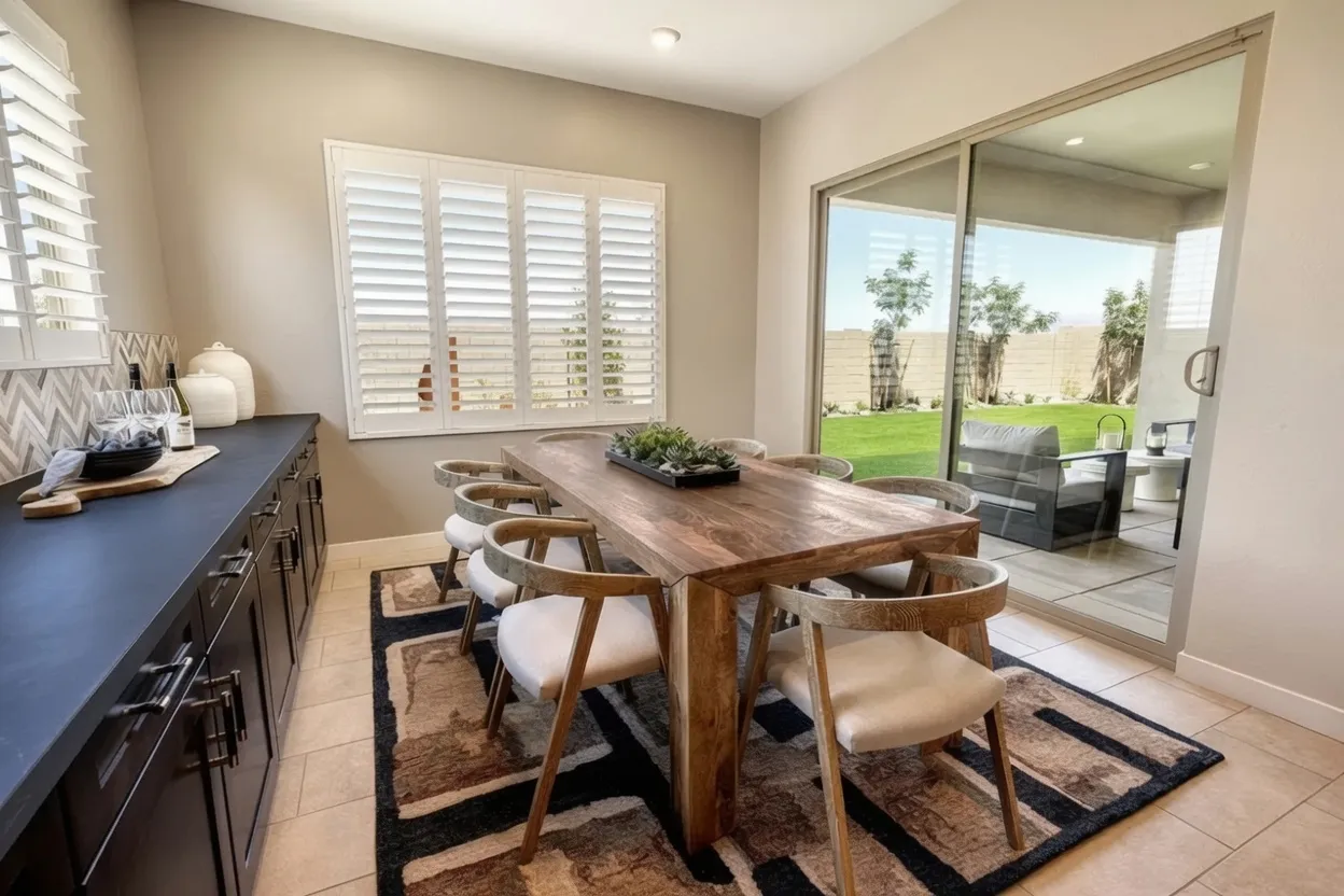 White composite plantation shutters beside a sliding glass door in an Apache Junction, Arizona dining room