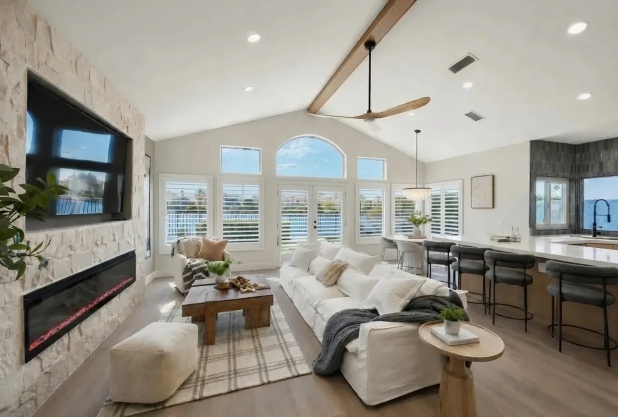 White composite plantation shutters with hidden tilt on French doors in a new Gilbert, Arizona living room