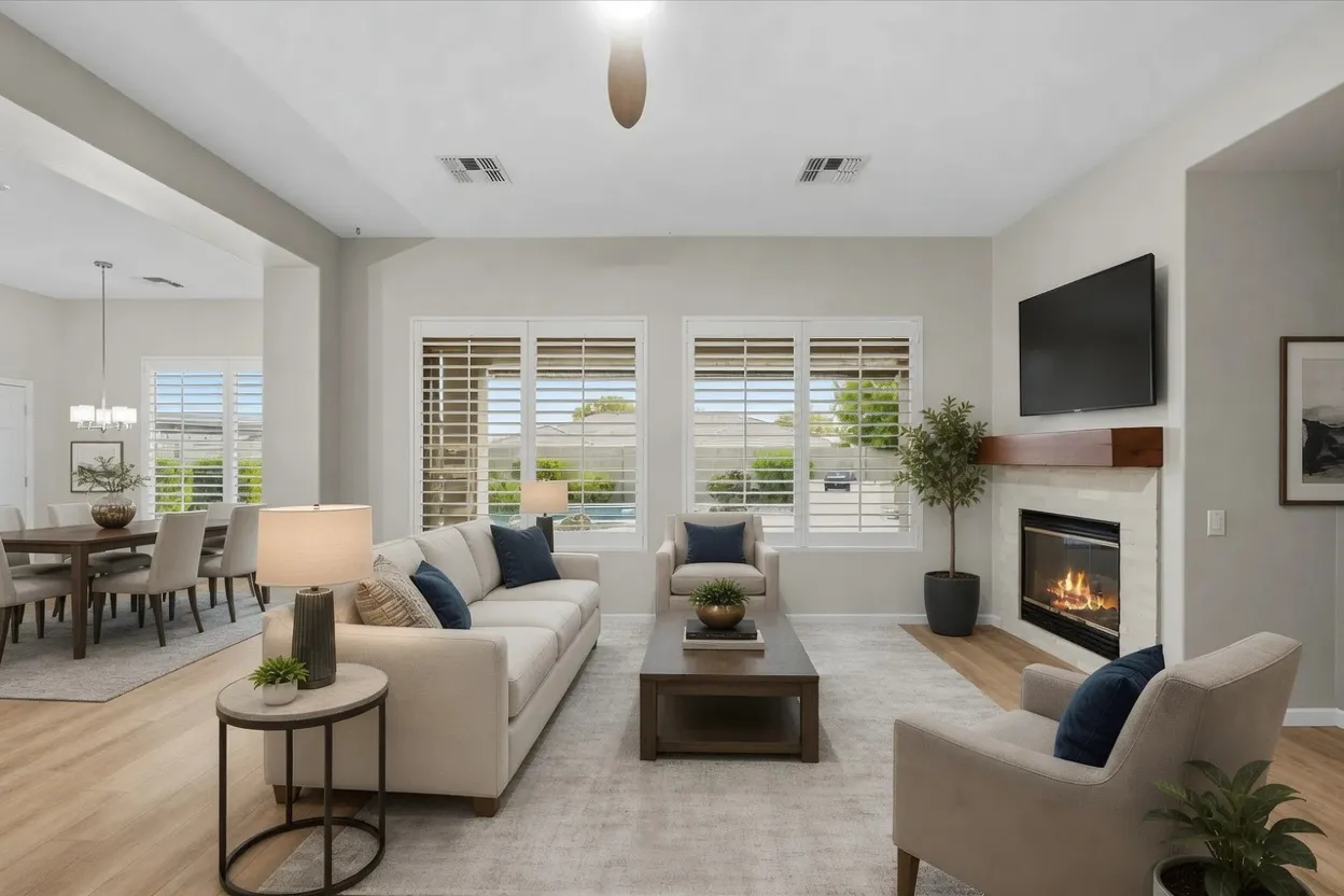 White composite plantation shutters in an open living and dining room in Anthem, Arizona