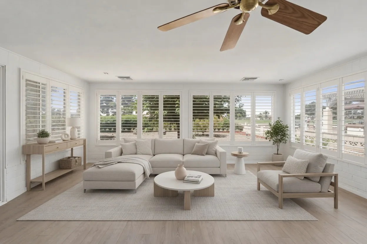 White composite plantation shutters across a wall of windows in a Sun City, Arizona living room