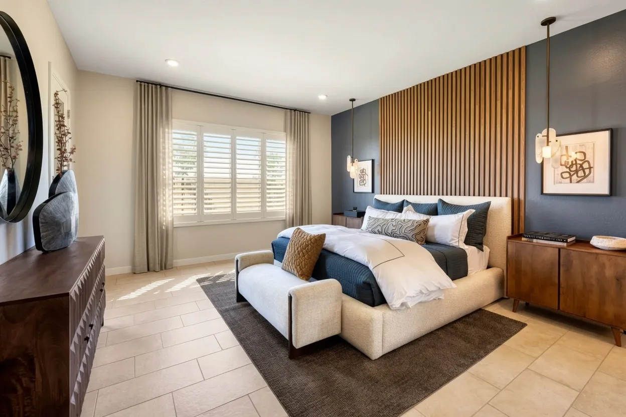 White composite plantation shutters paired with drapery in a primary bedroom in Apache Junction, Arizona