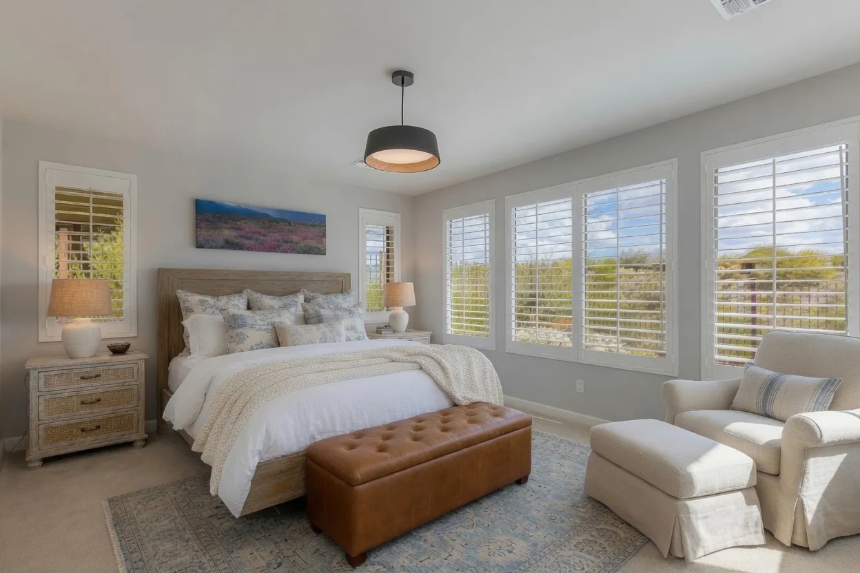 White wood plantation shutters on desert-view windows in a Wickenburg, Arizona primary bedroom