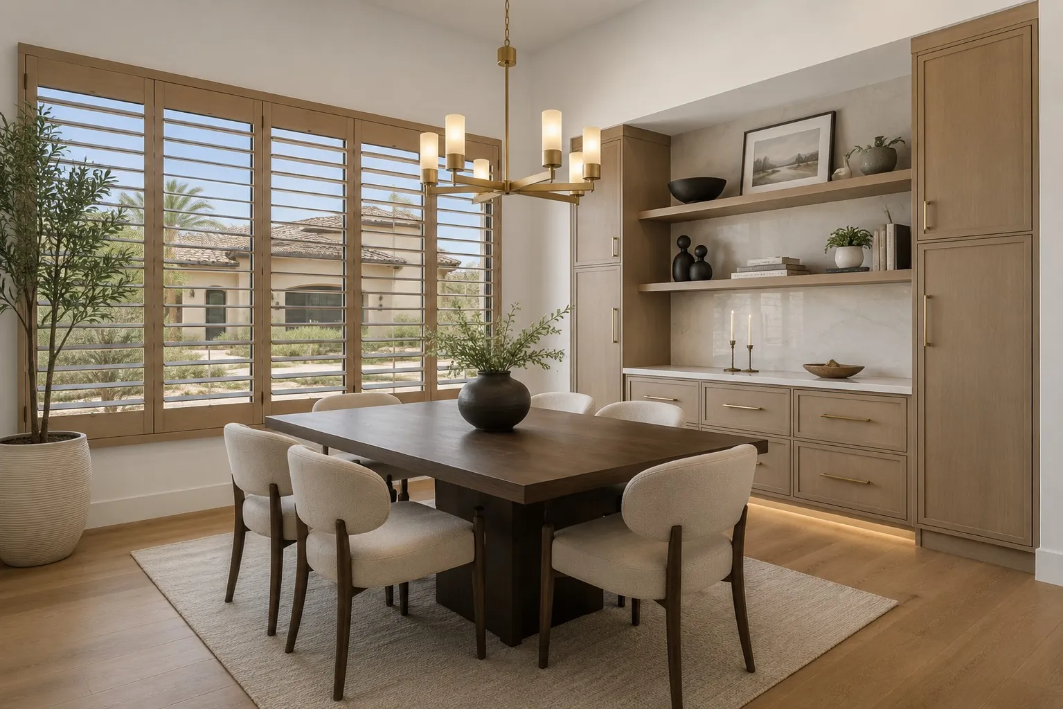 Wood plantation shutters in a Paradise Valley, Arizona dining room