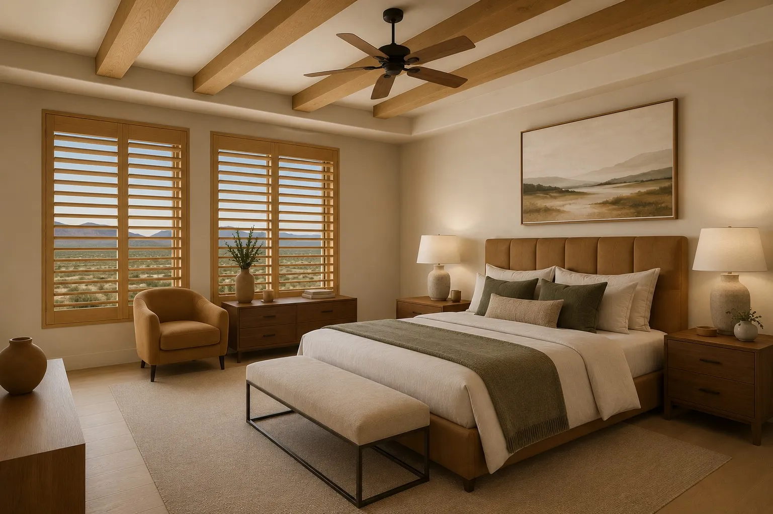 Real wood plantation shutters with invisible tilt in a Paradise Valley, Arizona primary bedroom