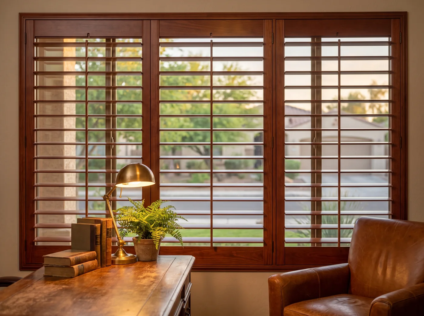 A custom Normandy engineered-wood plantation shutter by Southwest Blinds & Shutters