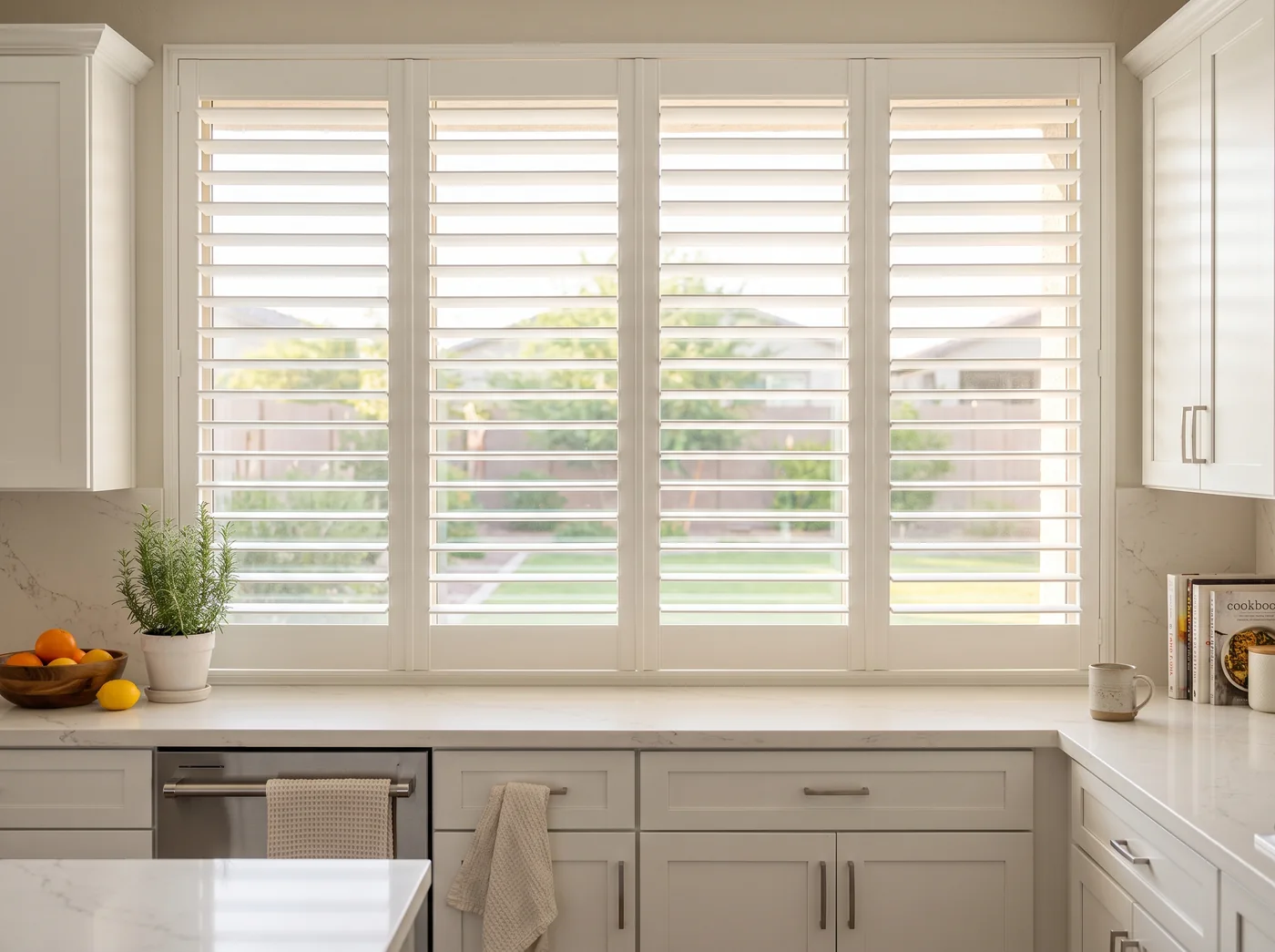 A custom Sanctuary composite plantation shutter by Southwest Blinds & Shutters