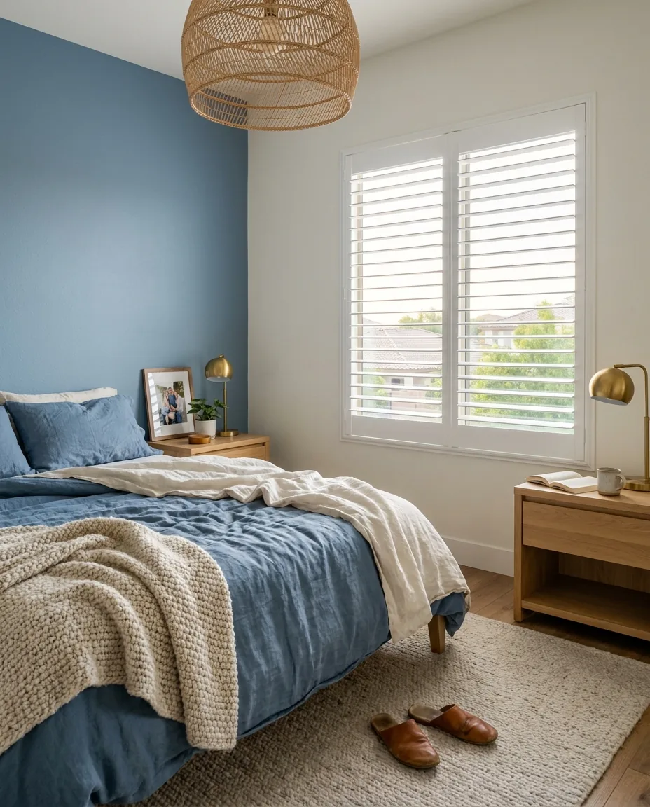 Bright-white wide-louver plantation shutters in a denim-blue bedroom in Arizona