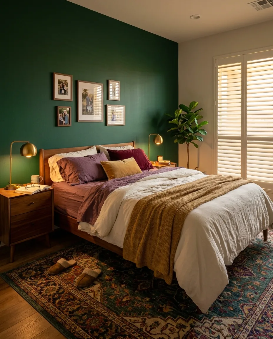 Soft-white plantation shutters in an emerald-green primary bedroom in Arizona