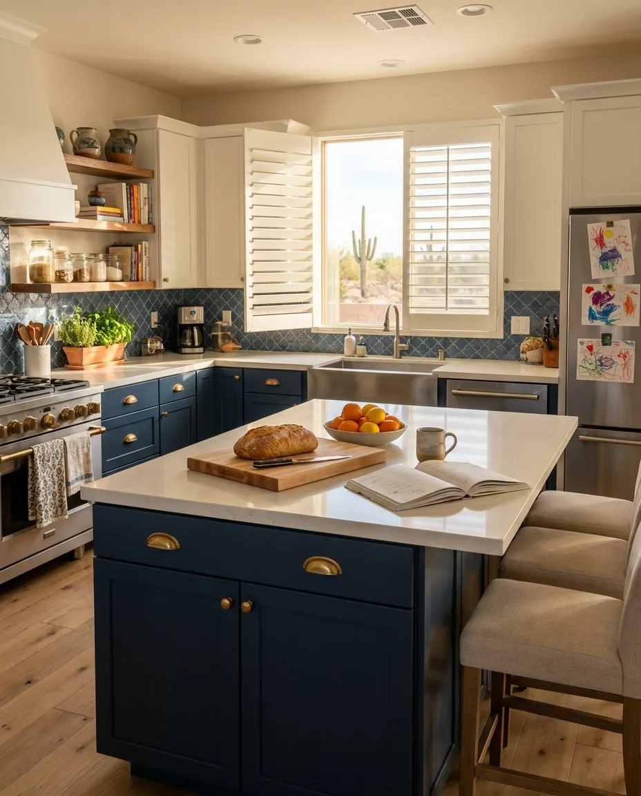 Bright-white cafe-style plantation shutters in a navy two-tone kitchen in Arizona