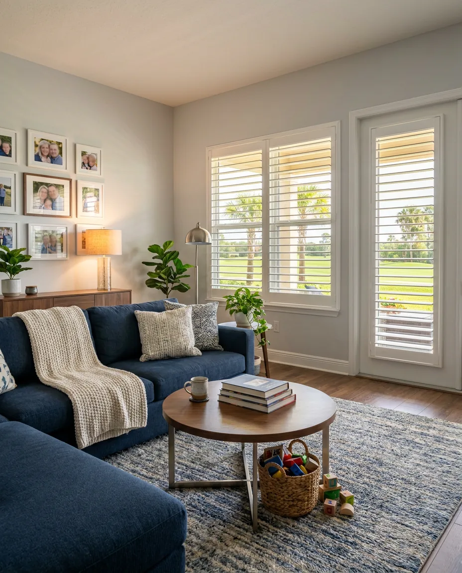 Bright-white plantation shutters designed in the Southwest Blinds Design Studio, shown in an Arizona living room