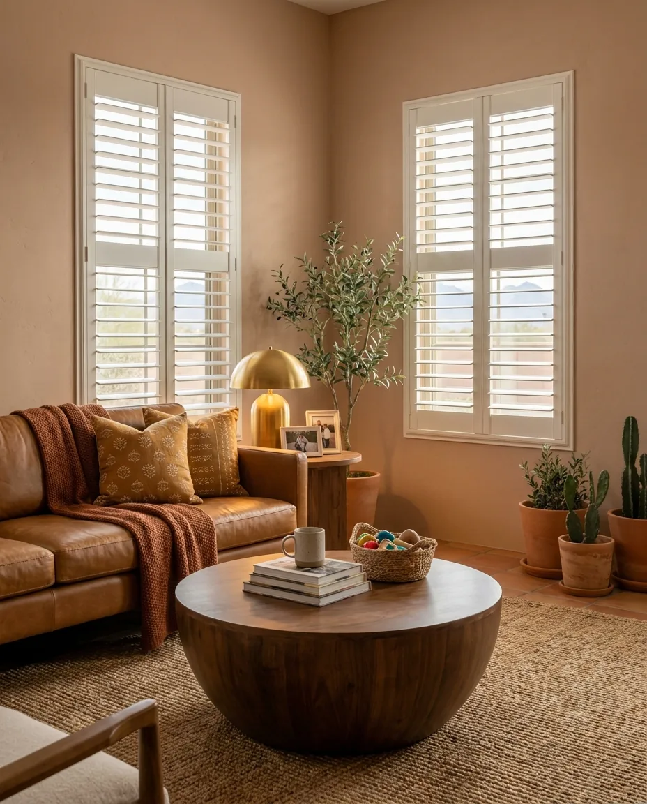 Soft-white plantation shutters in a warm terracotta living room in Arizona